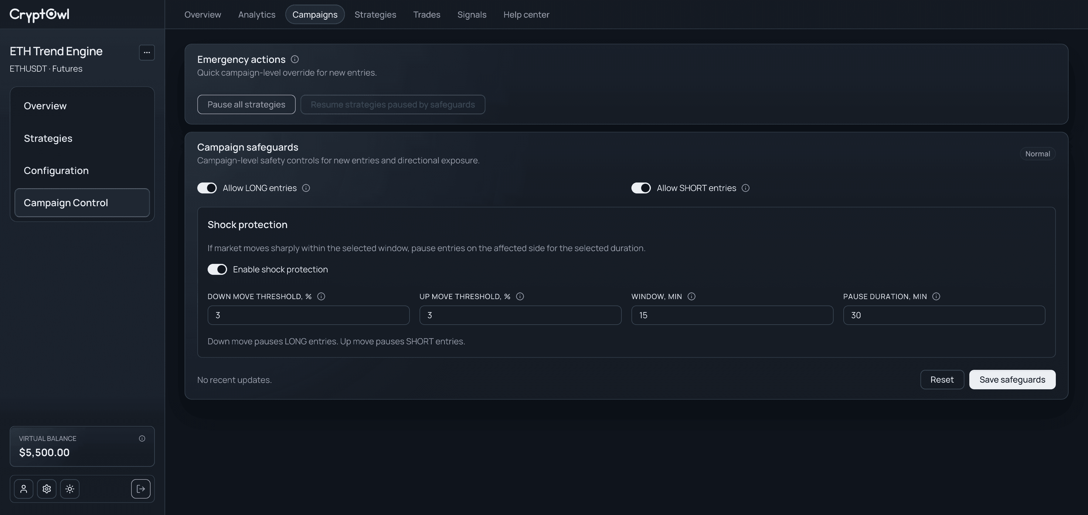 CryptOwl campaign control screen showing active strategies and campaign controls.