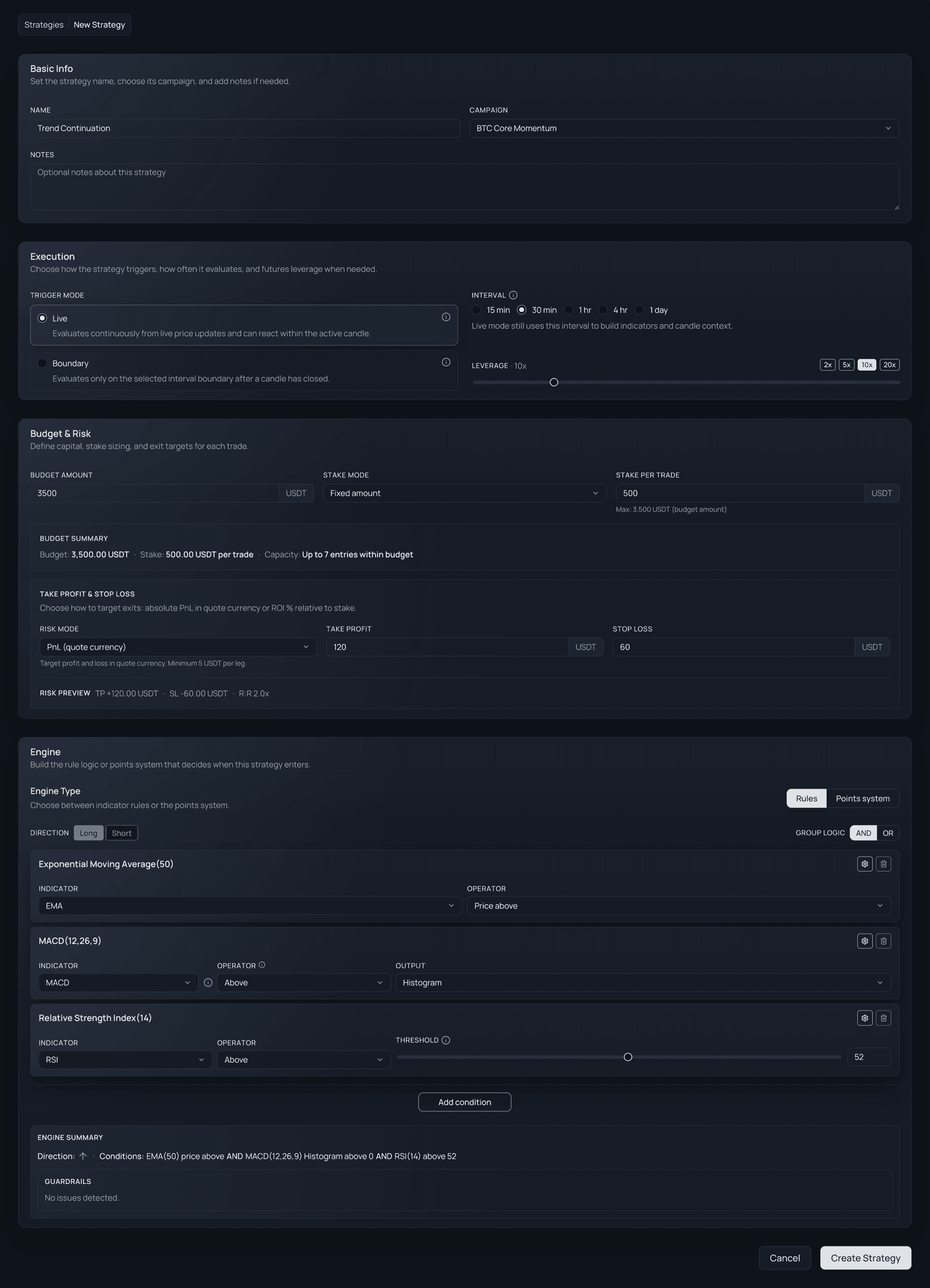 CryptOwl strategy builder with basic info, execution, budget, risk, and rule engine sections.