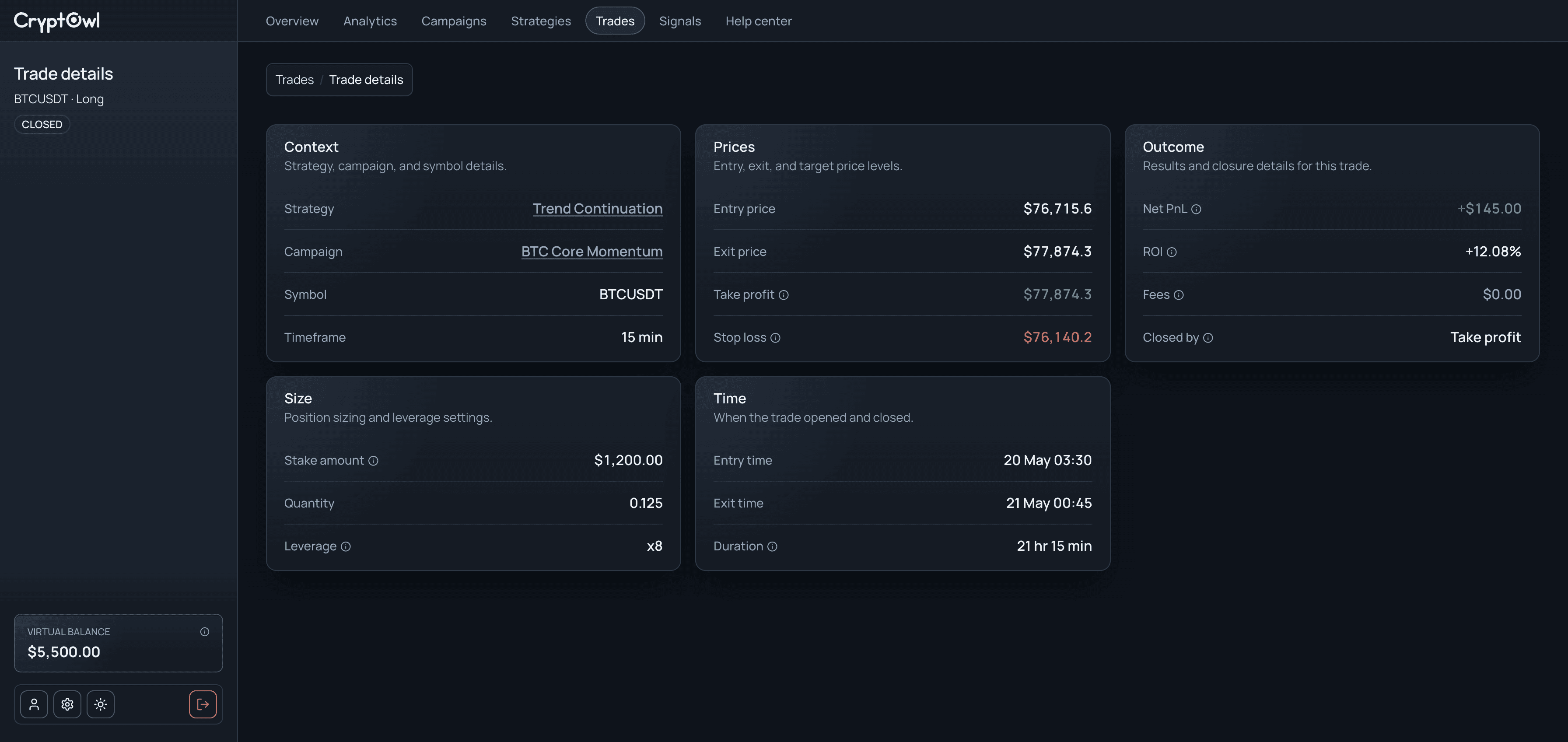 CryptOwl trade details screen showing context, prices, outcome, size, and time.